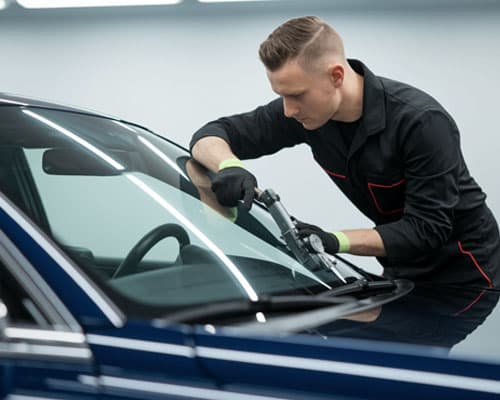 Mitsubishi windshield replacement being performed by Oakville Auto Care technician